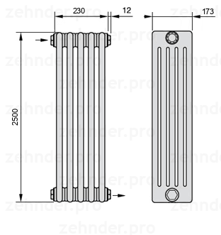 Схема (чертеж) Радиатор Zehnder Charleston 5250/5 №1670 Белый глянцевый RAL 9016